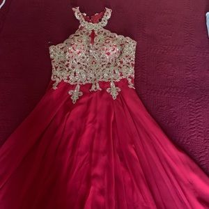 La Scala red & gold floor length dress in size 10